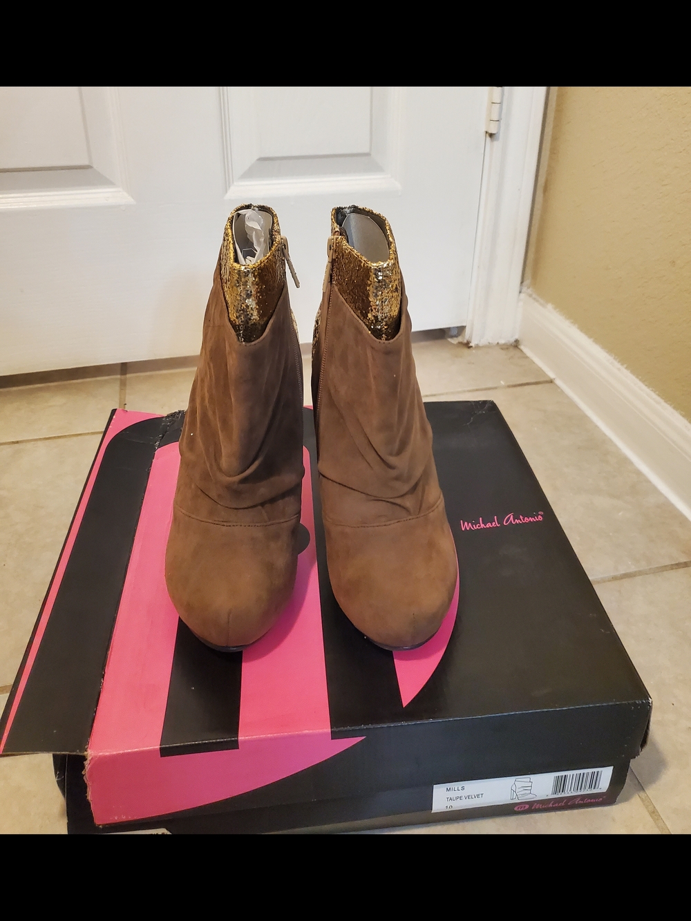 Michael Antonio Brown Suede Ankle Booties with Gold Sequin Trim